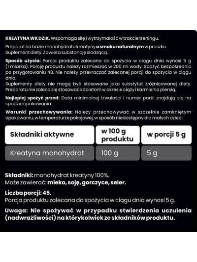 WK Dzik Kreatyna Monohydrat 225g tabela składu w sklepie Pakuj ZDROWIE Gdańsk Wrzeszcz